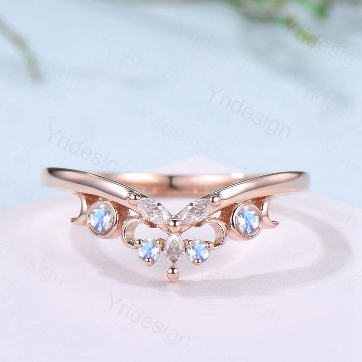 Curved Moonstone Wedding Band 14k rose gold celtic knot Marquise cut wedding ring Unique Stacking matching ring Promise Anniversary band - PENFINE