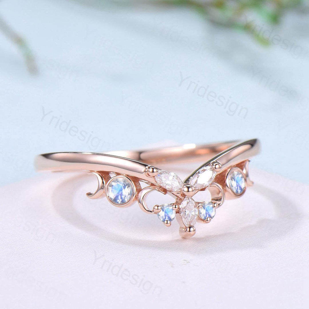Curved Moonstone Wedding Band 14k rose gold celtic knot Marquise cut wedding ring Unique Stacking matching ring Promise Anniversary band - PENFINE