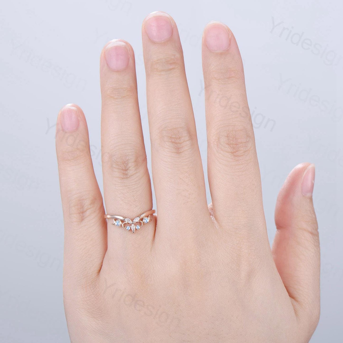 Curved Moonstone Wedding Band 14k rose gold celtic knot Marquise cut wedding ring Unique Stacking matching ring Promise Anniversary band - PENFINE
