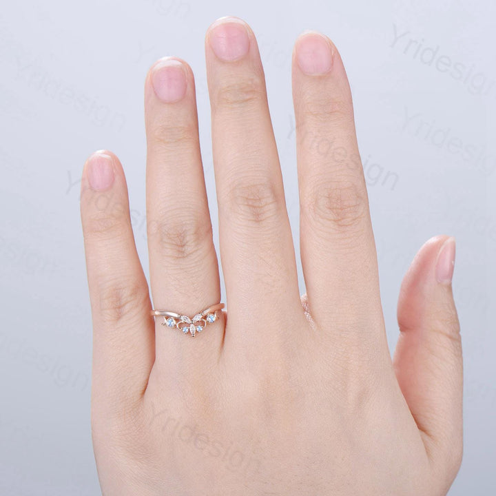 Curved Moonstone Wedding Band 14k rose gold celtic knot Marquise cut wedding ring Unique Stacking matching ring Promise Anniversary band - PENFINE