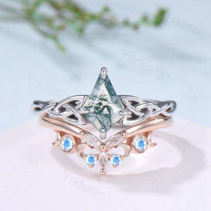Norse Viking Kite Cut Moss Agate Engagement Ring Set Celtic Love Knot Moonstone Wedding Band Vintage Unique Twisted Green Crystal Bridal Set - PENFINE