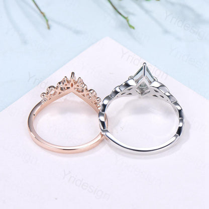 Norse Viking Kite Cut Moss Agate Engagement Ring Set Celtic Love Knot Moonstone Wedding Band Vintage Unique Twisted Green Crystal Bridal Set - PENFINE