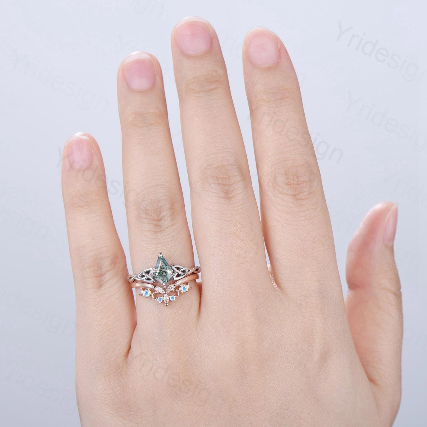 Norse Viking Kite Cut Moss Agate Engagement Ring Set Celtic Love Knot Moonstone Wedding Band Vintage Unique Twisted Green Crystal Bridal Set - PENFINE