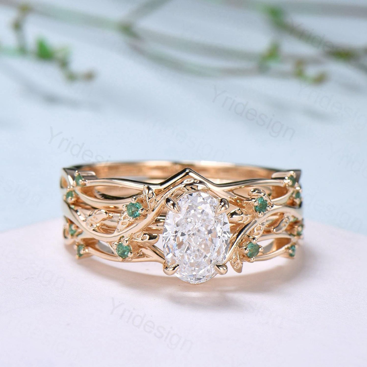 Natural Inspired Lab Grown Diamond Engagement Ring Set Certificate 1.5CT Oval Lab Diamond Emerald Wedding Set Cluster Leaf Branch Bridal Set - PENFINE