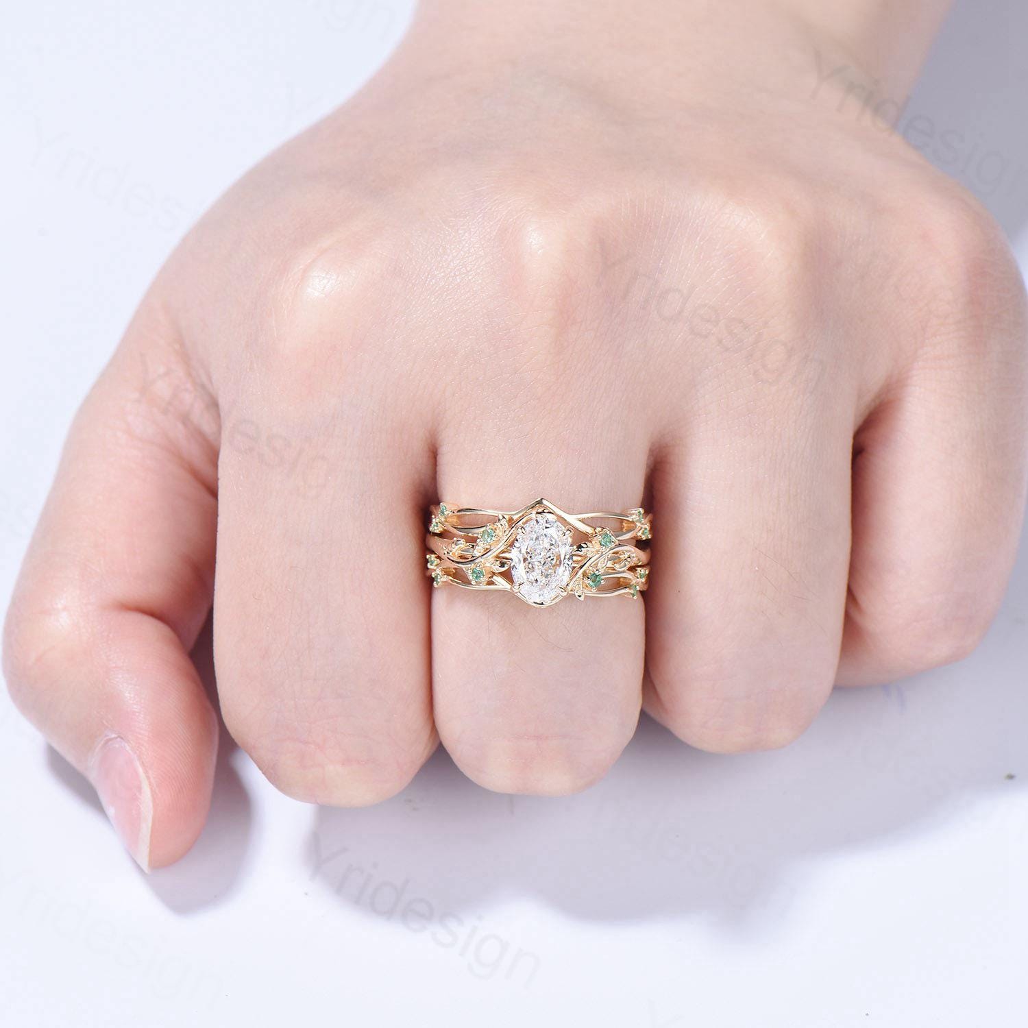 Natural Inspired Lab Grown Diamond Engagement Ring Set Certificate 1.5CT Oval Lab Diamond Emerald Wedding Set Cluster Leaf Branch Bridal Set - PENFINE
