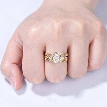 Natural Inspired Lab Grown Diamond Engagement Ring Set Certificate 1.5CT Oval Lab Diamond Emerald Wedding Set Cluster Leaf Branch Bridal Set - PENFINE