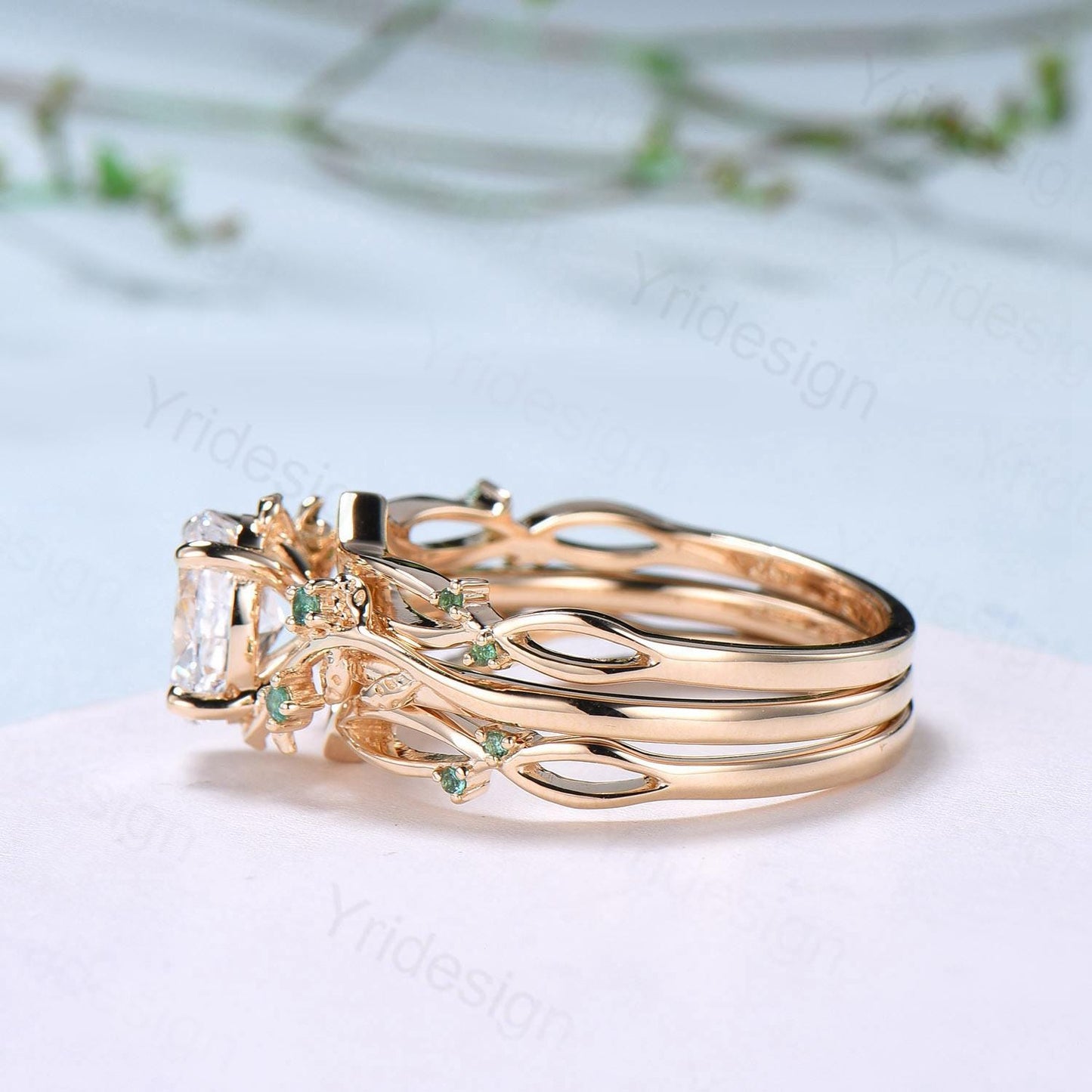 Natural Inspired Lab Grown Diamond Engagement Ring Set Certificate 1.5CT Oval Lab Diamond Emerald Wedding Set Cluster Leaf Branch Bridal Set - PENFINE