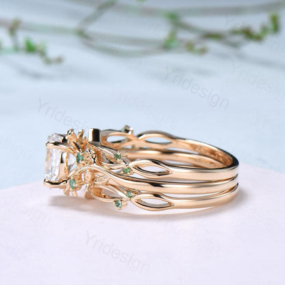 Natural Inspired Lab Grown Diamond Engagement Ring Set Certificate 1.5CT Oval Lab Diamond Emerald Wedding Set Cluster Leaf Branch Bridal Set - PENFINE