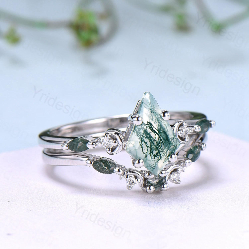 Vintage kite cut moss agate ring Five Stone crescent moon engagement ring art deco delicate bridal wedding set handmade anniversary gift - PENFINE