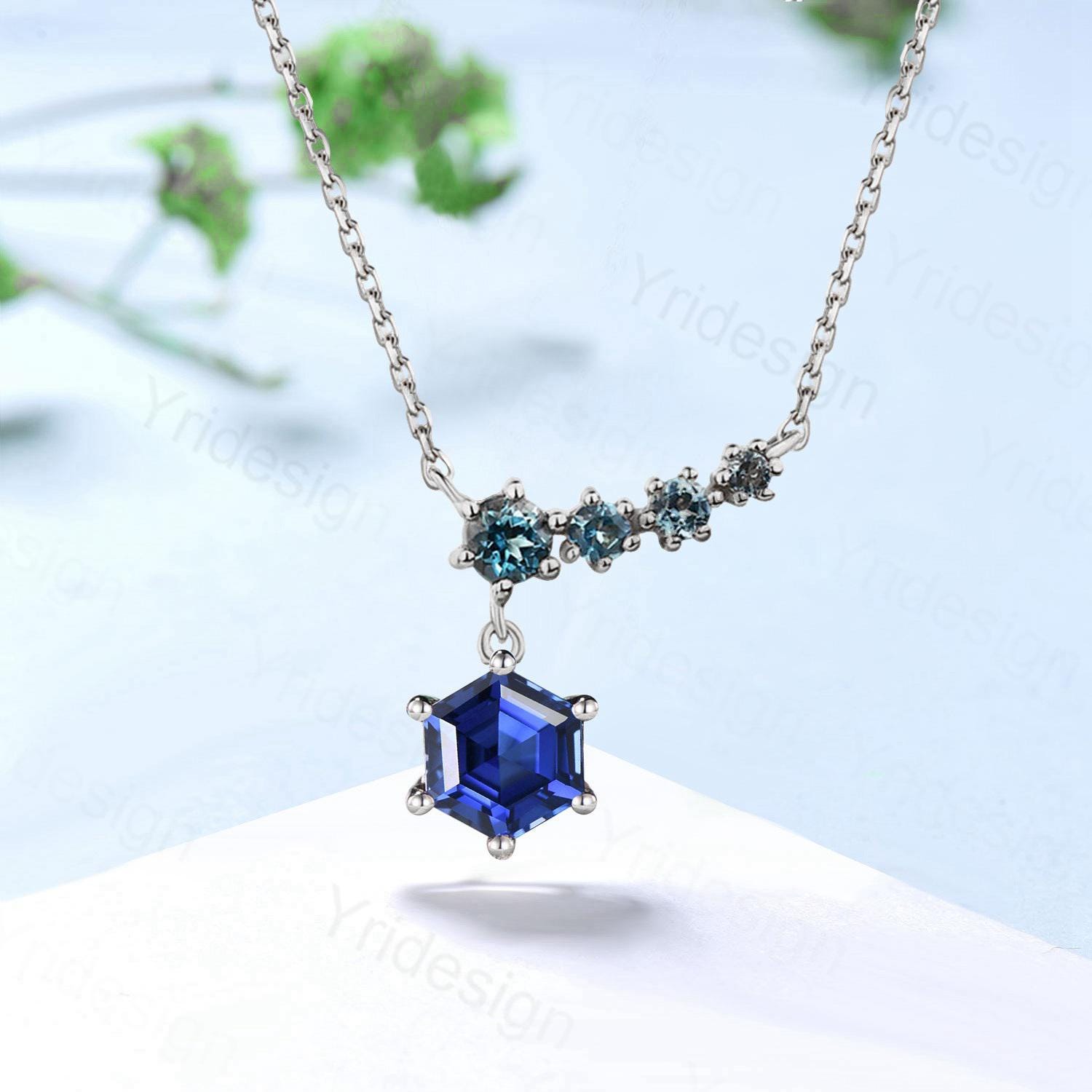 Elegant hexagon cut sapphire pendant necklace five stone 9k/14k/18k rose gold art deco London blue topaz pendant necklace Anniversary gift - PENFINE