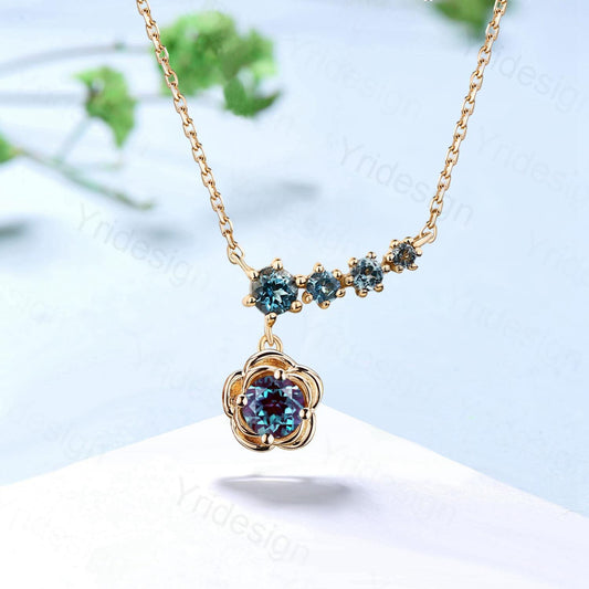 Unique Flower Alexandrite Necklace Floral Halo Alexandrite Necklace Five Stone Pendant Necklace Promise Anniversary gift for daughter - PENFINE