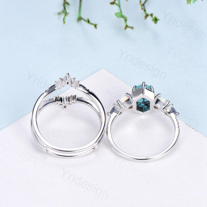 Vintage 5X9mm long hexagon black opal engagement ring set unique triangle white opal kite alexandrite wedding set enhancer band bridal set - PENFINE