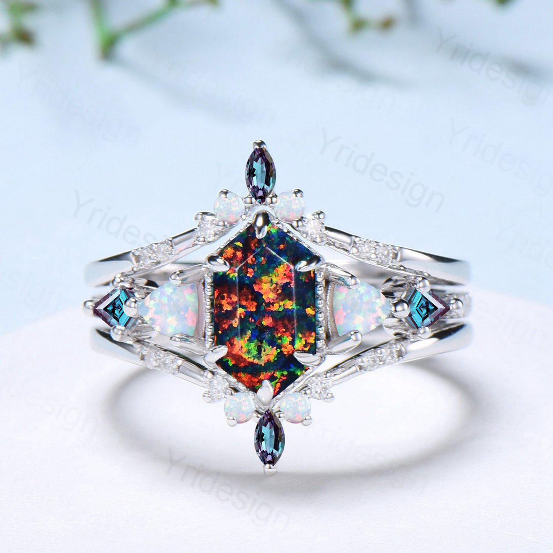 Vintage 5X9mm long hexagon black opal engagement ring set unique triangle white opal kite alexandrite wedding set enhancer band bridal set - PENFINE