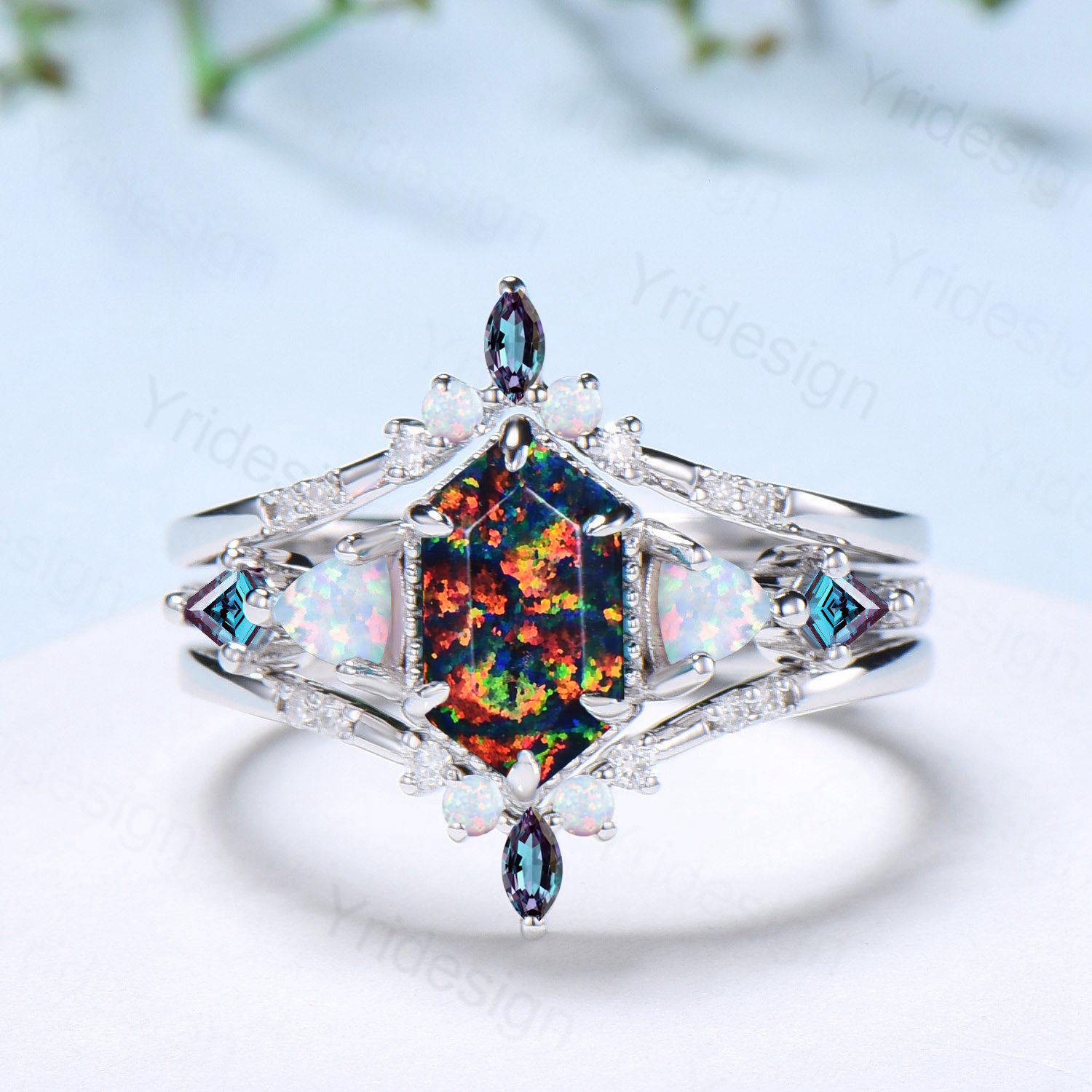 Vintage 5X9mm long hexagon black opal engagement ring set unique triangle white opal kite alexandrite wedding set enhancer band bridal set - PENFINE