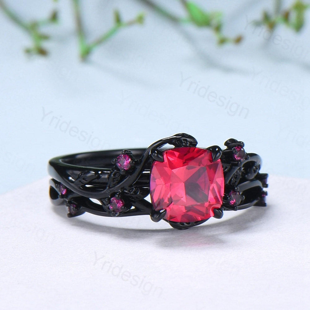 Unique gothic cushion cut ruby wedding ring set black gold natural inspired ruby engagement ring for women unique July birthstone bridal set - PENFINE