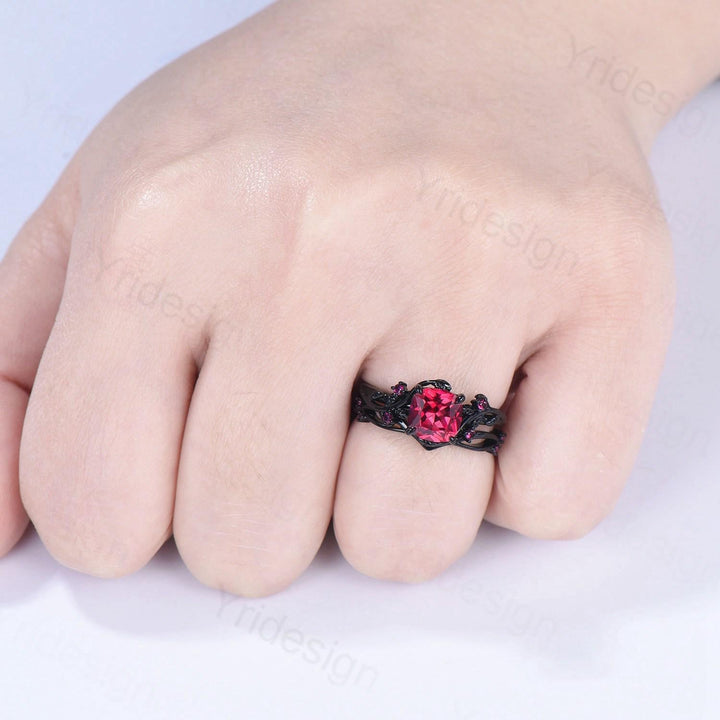 Unique gothic cushion cut ruby wedding ring set black gold natural inspired ruby engagement ring for women unique July birthstone bridal set - PENFINE