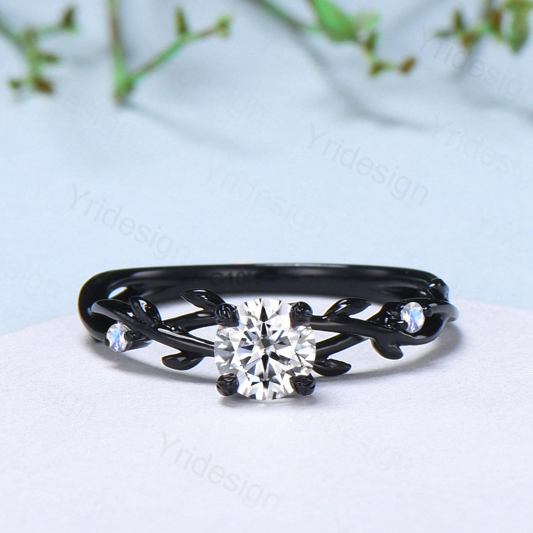Leaf Moissanite Engagement Ring, Black Gold Moonstone Accent, Nature Inspired - PENFINE