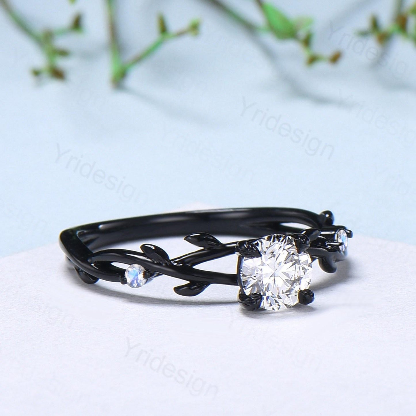 Leaf Moissanite Engagement Ring, Black Gold Moonstone Accent, Nature Inspired - PENFINE