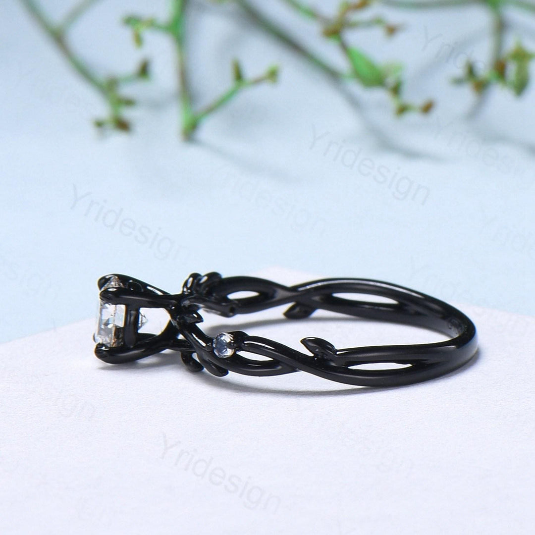 Leaf Moissanite Engagement Ring, Black Gold Moonstone Accent, Nature Inspired - PENFINE