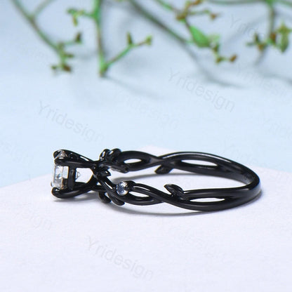 Leaf Moissanite Engagement Ring, Black Gold Moonstone Accent, Nature Inspired - PENFINE
