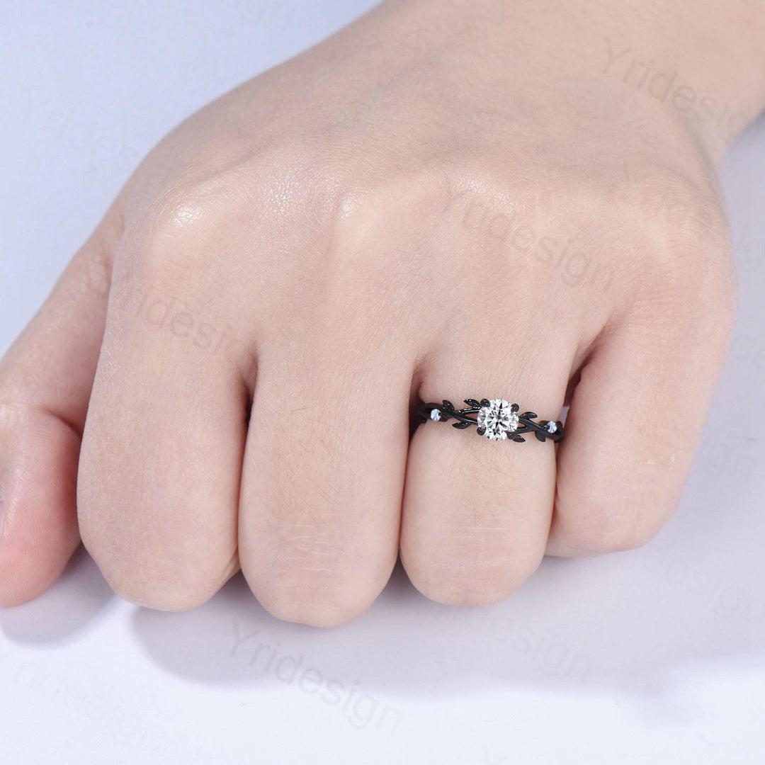 Leaf Moissanite Engagement Ring, Black Gold Moonstone Accent, Nature Inspired - PENFINE
