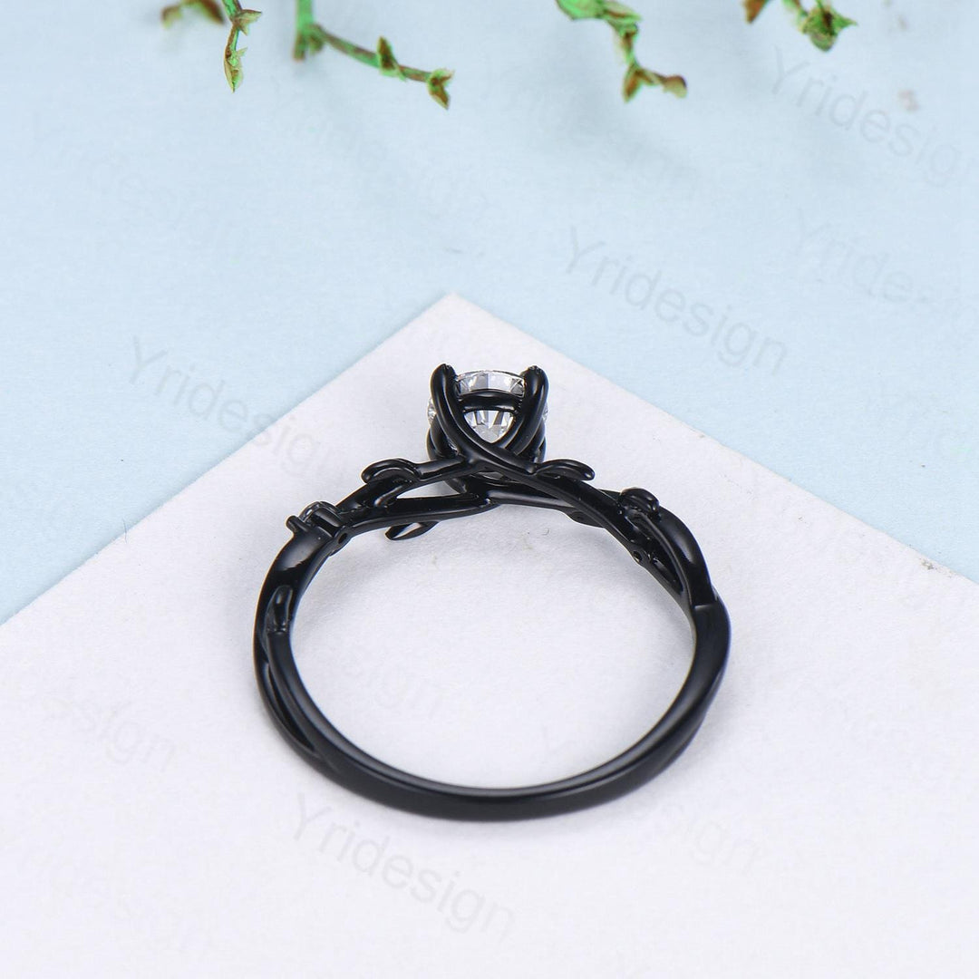 Leaf Moissanite Engagement Ring, Black Gold Moonstone Accent, Nature Inspired - PENFINE