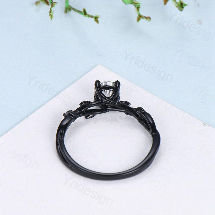 Leaf Moissanite Engagement Ring, Black Gold Moonstone Accent, Nature Inspired - PENFINE