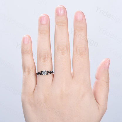 Leaf Moissanite Engagement Ring, Black Gold Moonstone Accent, Nature Inspired - PENFINE