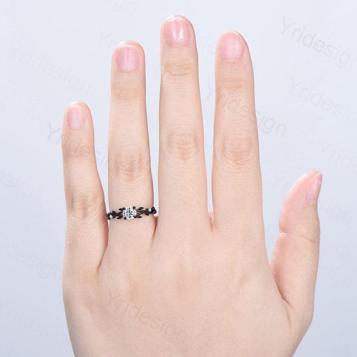 Leaf Moissanite Engagement Ring, Black Gold Moonstone Accent, Nature Inspired - PENFINE