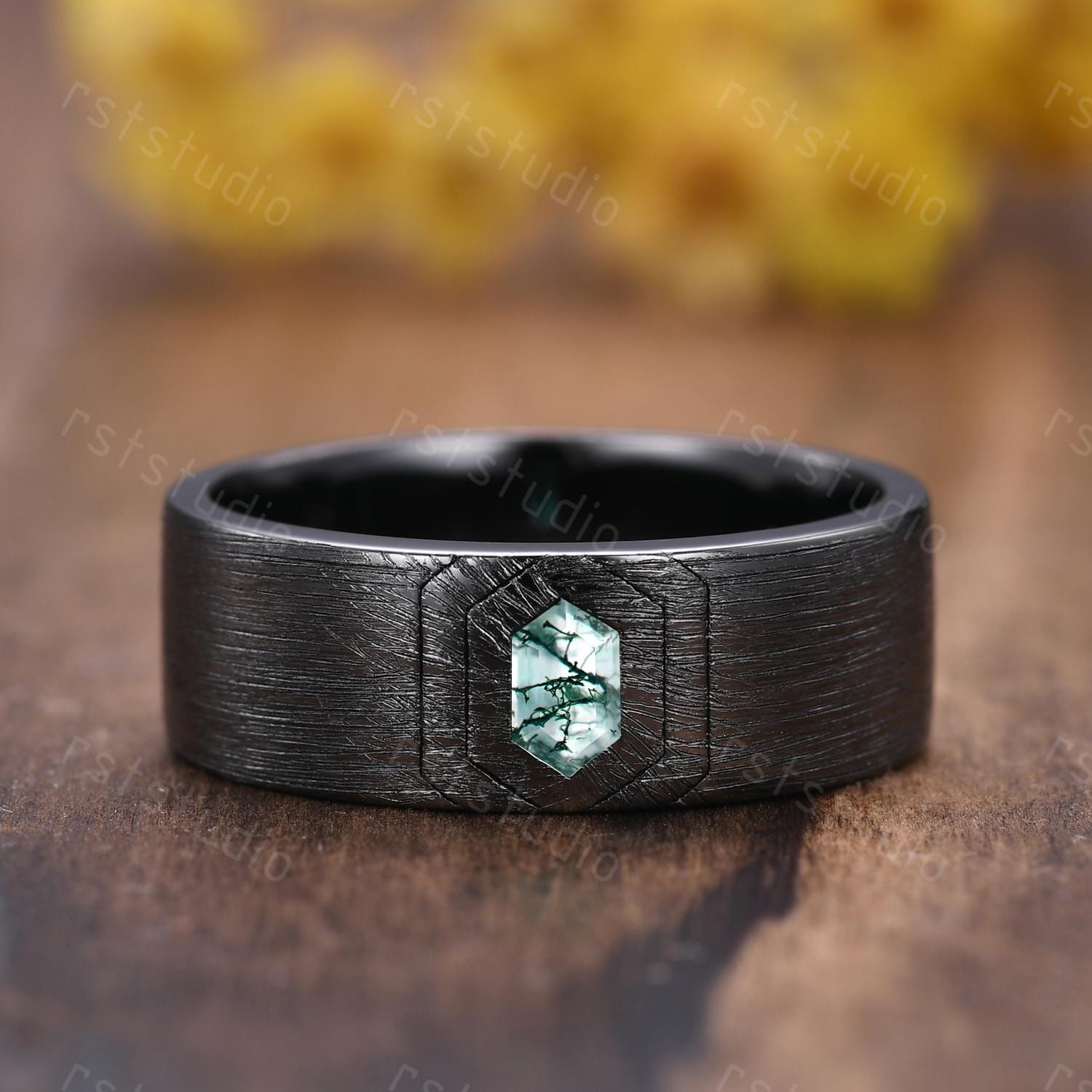 Vintage Moss Agate Couple Ring Set: Black Gold Wedding Bands