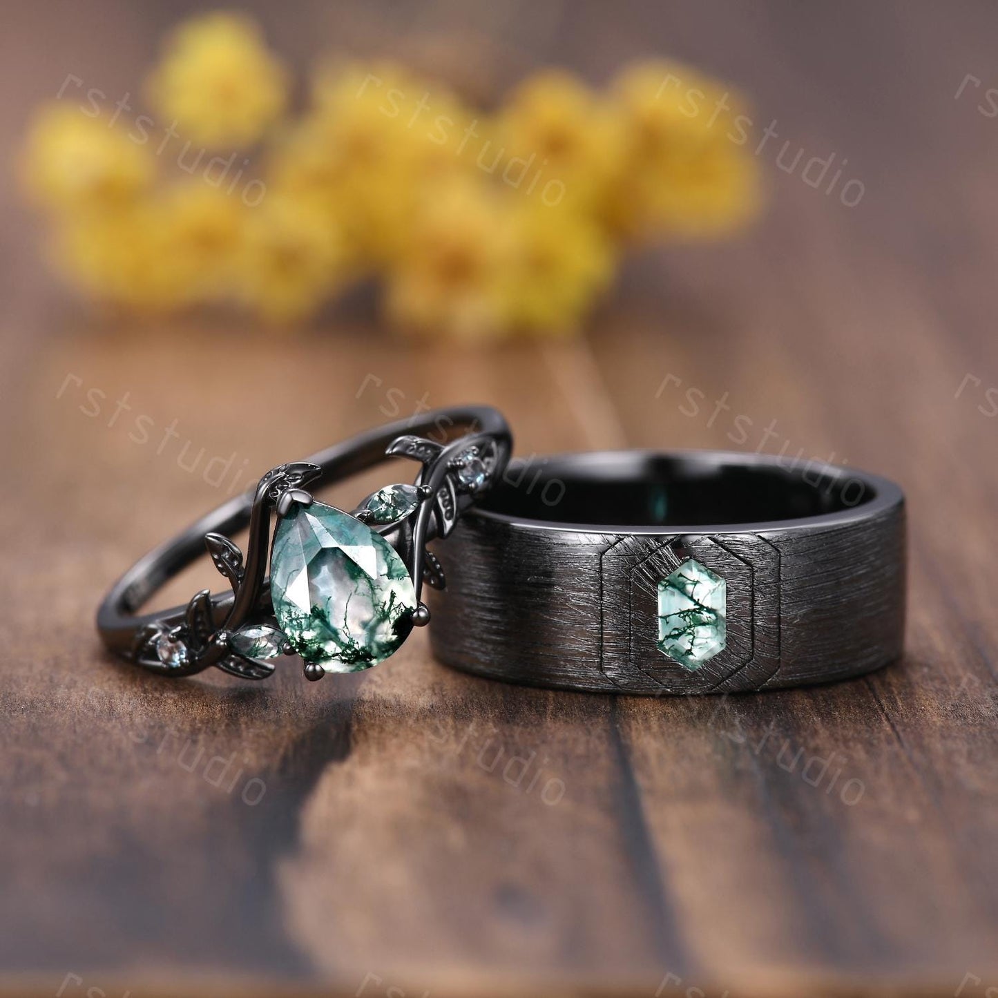 Vintage Moss Agate Couple Ring Set: Black Gold Wedding Bands