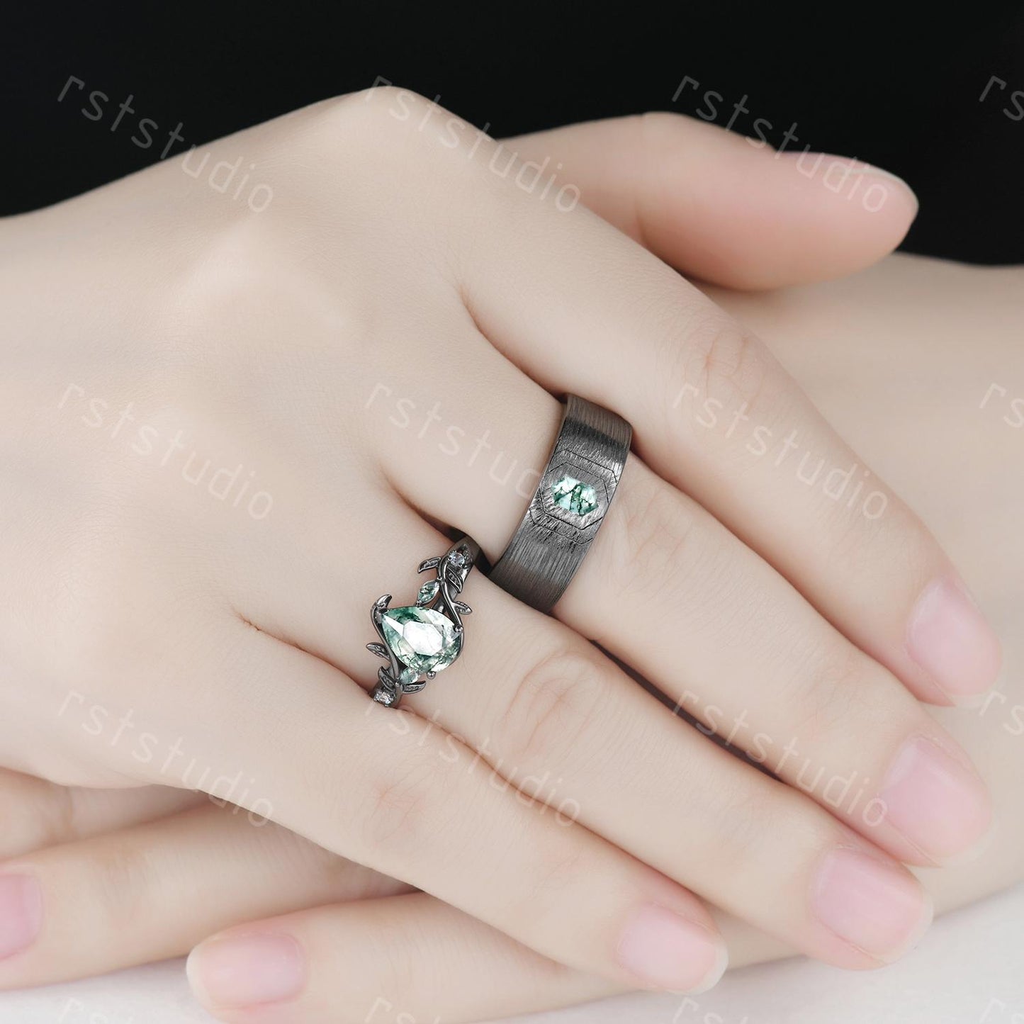 Vintage Moss Agate Couple Ring Set: Black Gold Wedding Bands