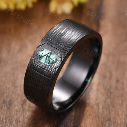Mens Gothic Moss Agate Wedding Ring: Black Gold Hexagon Band