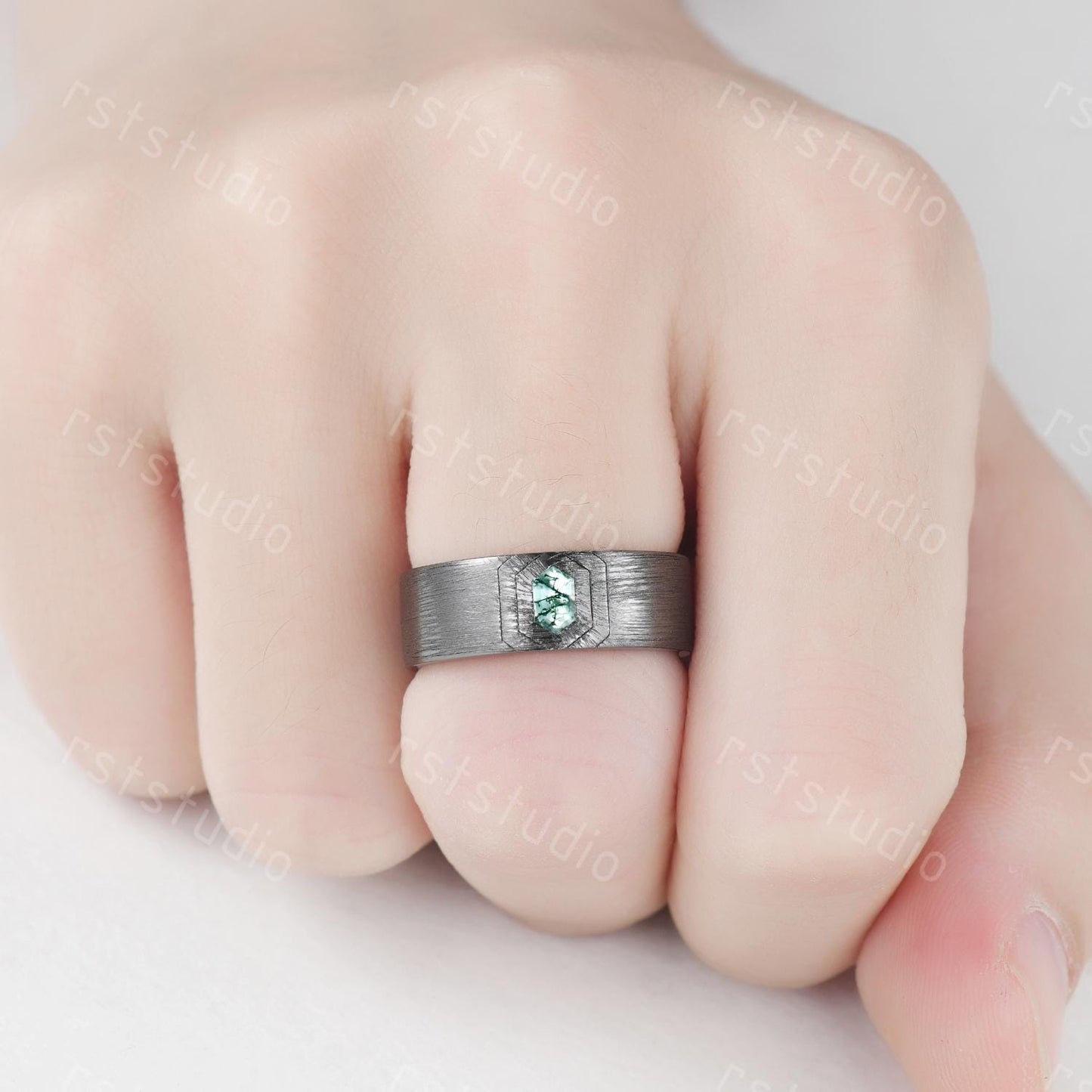 Mens Gothic Moss Agate Wedding Ring: Black Gold Hexagon Band