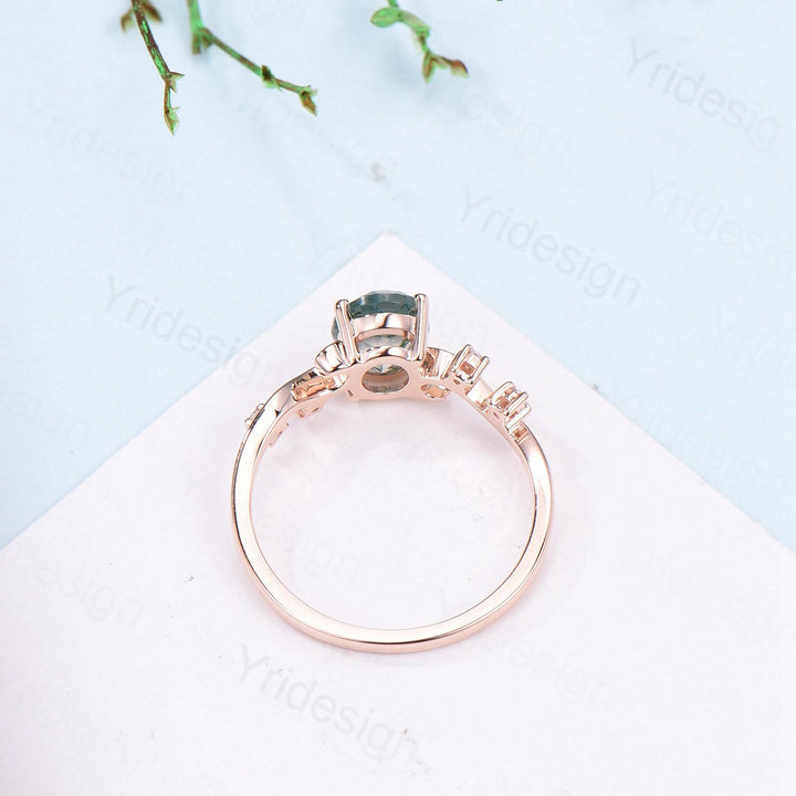 1.5CT Oval Natural Moss Agate Twist Engagement Ring Art Deco Silver Rose Gold Wedding Ring Garden Jewelry Mom's birthstone anniversary gift - PENFINE