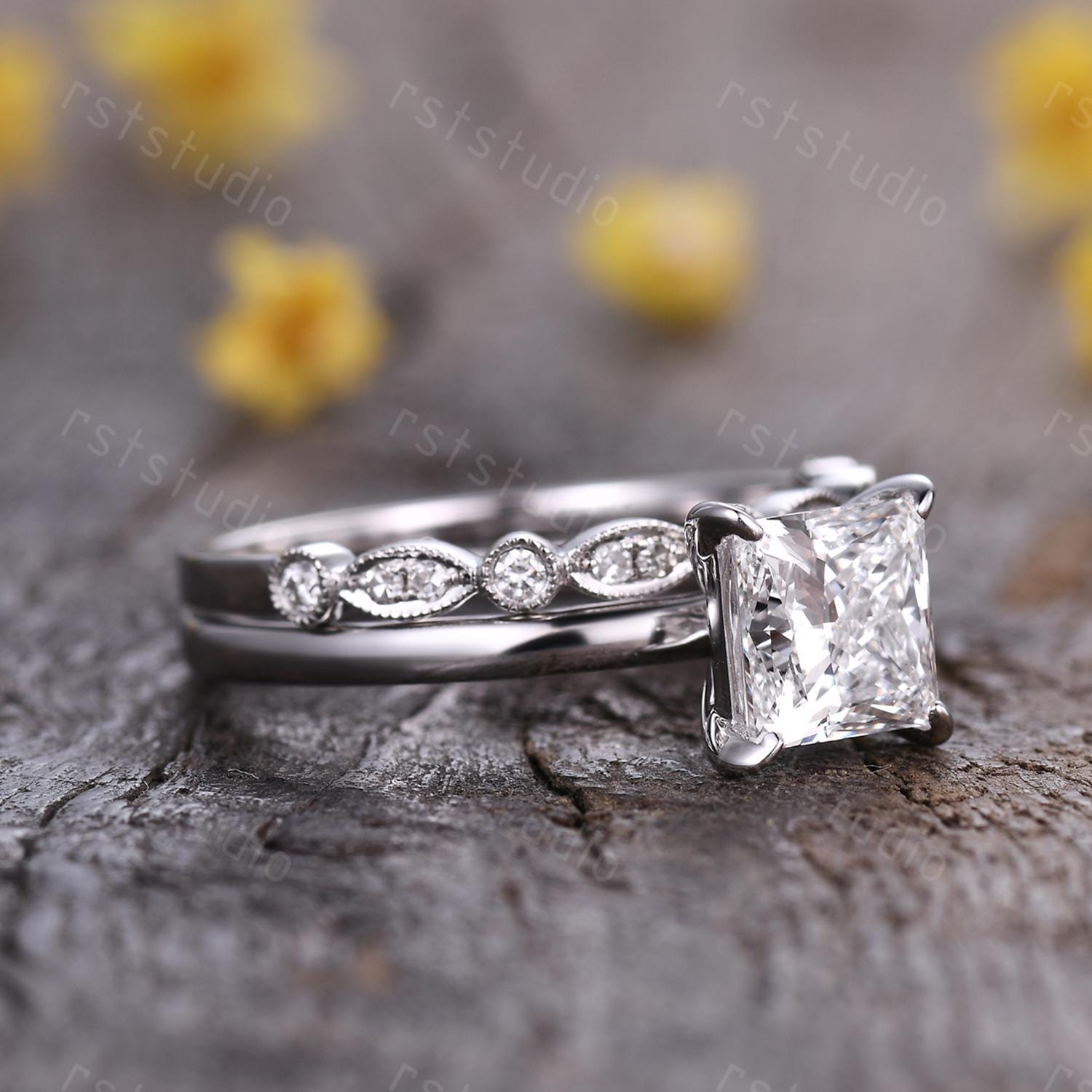 IGI Certified 2Ct Princess Cut Lab Grown Diamond Engagement Ring Set Women Solitaire Diamond Ring Art Deco Promise Wedding Set Bridal Set