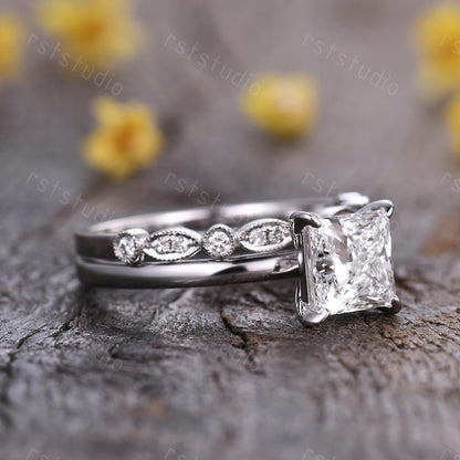 IGI Certified 2Ct Princess Cut Lab Grown Diamond Engagement Ring Set Women Solitaire Diamond Ring Art Deco Promise Wedding Set Bridal Set