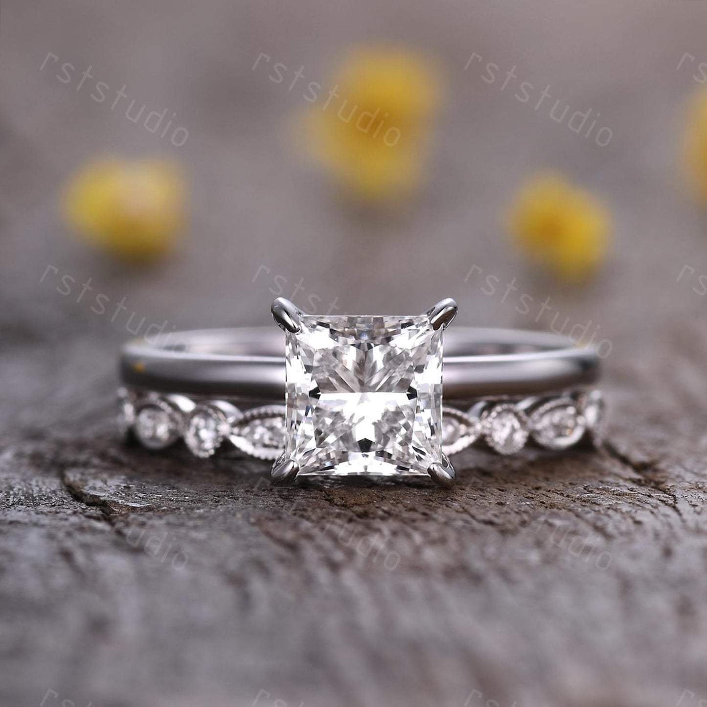 IGI Certified 2Ct Princess Cut Lab Grown Diamond Engagement Ring Set Women Solitaire Diamond Ring Art Deco Promise Wedding Set Bridal Set