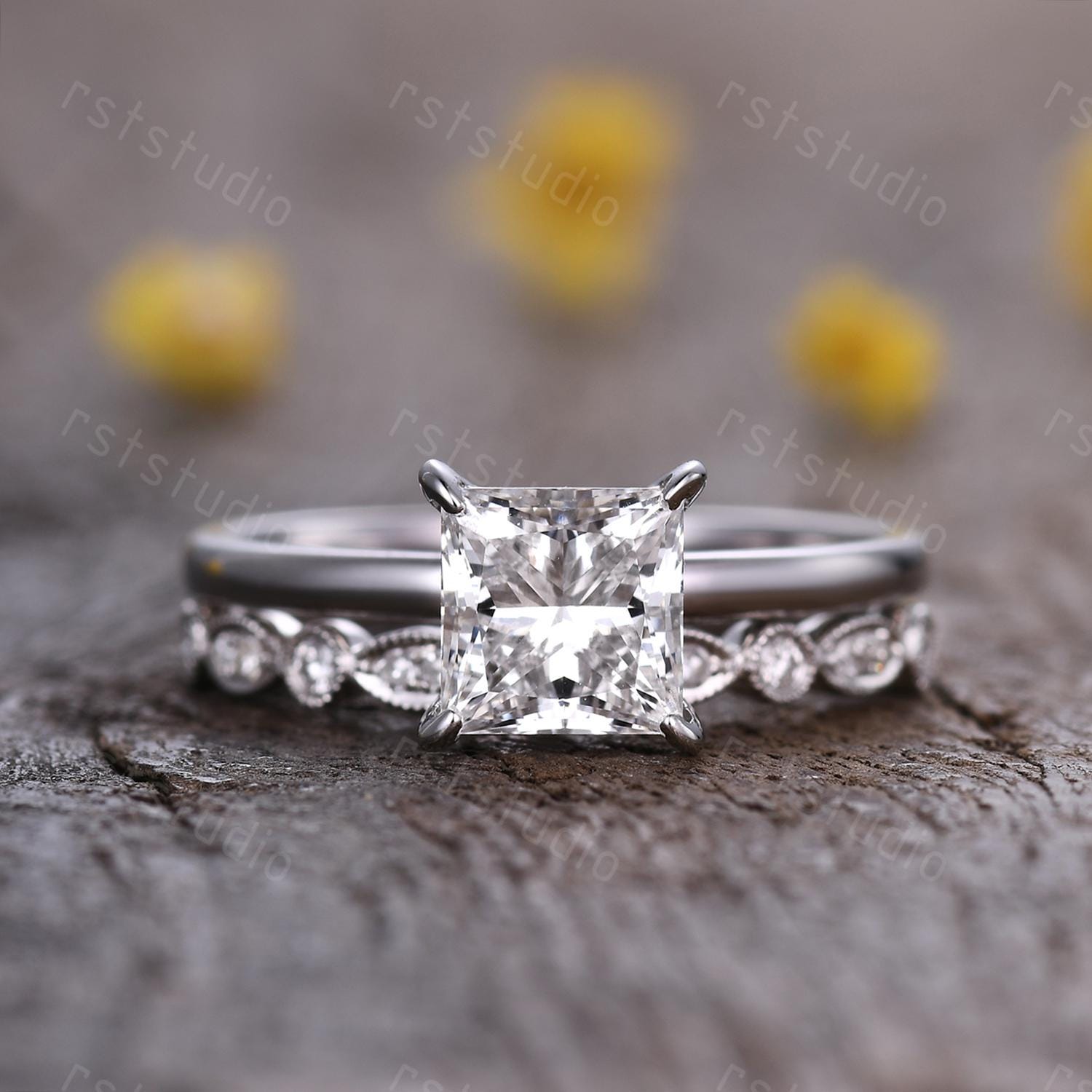 IGI Certified 2Ct Princess Cut Lab Grown Diamond Engagement Ring Set Women Solitaire Diamond Ring Art Deco Promise Wedding Set Bridal Set