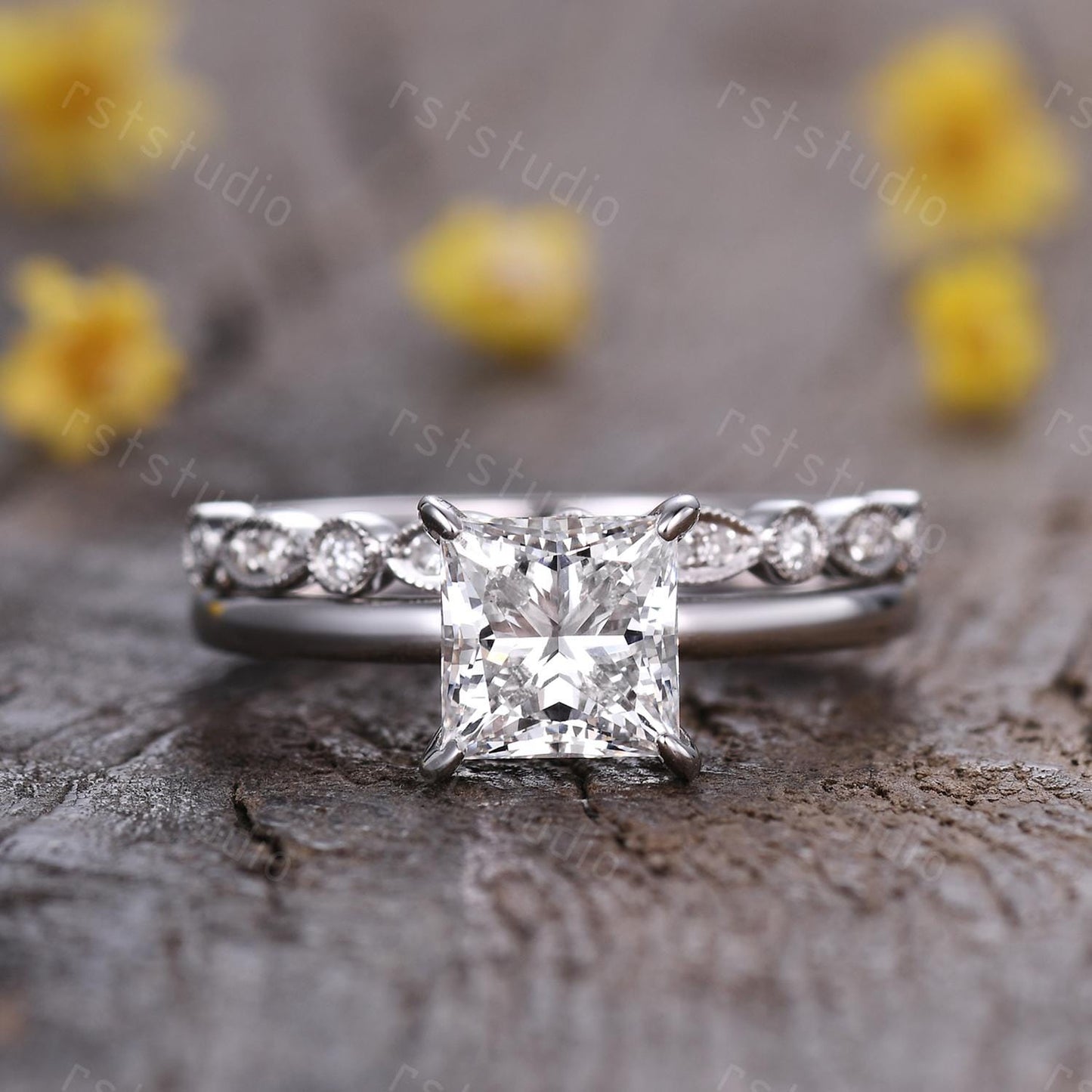 IGI Certified 2Ct Princess Cut Lab Grown Diamond Engagement Ring Set Women Solitaire Diamond Ring Art Deco Promise Wedding Set Bridal Set