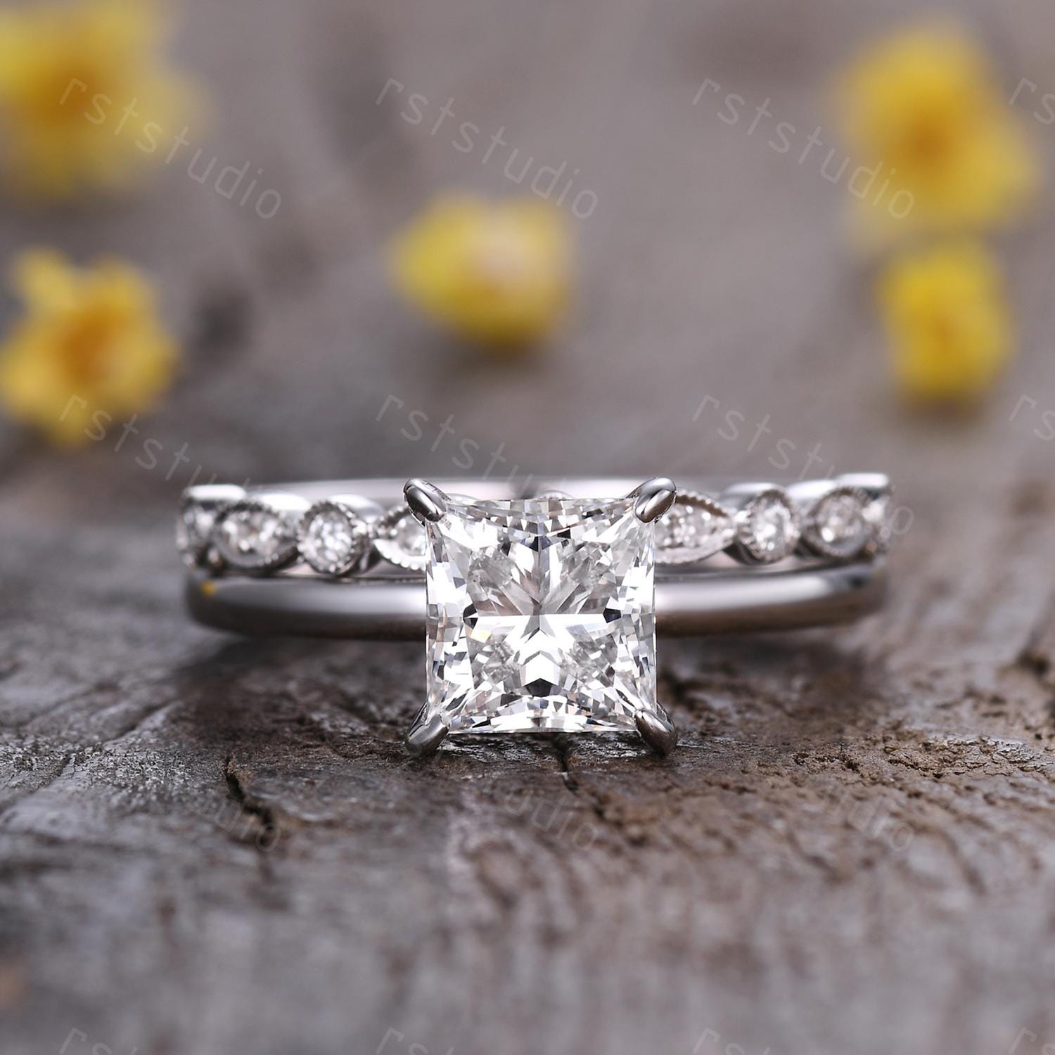 IGI Certified 2Ct Princess Cut Lab Grown Diamond Engagement Ring Set Women Solitaire Diamond Ring Art Deco Promise Wedding Set Bridal Set