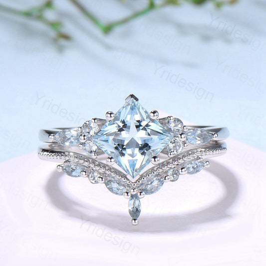 Art Deco Princess Cut Natural Aquamarine Engagement Ring Set Silver Rose Gold Unique 2CT March Birthstone Bridal Wedding Ring Set For Women - PENFINE