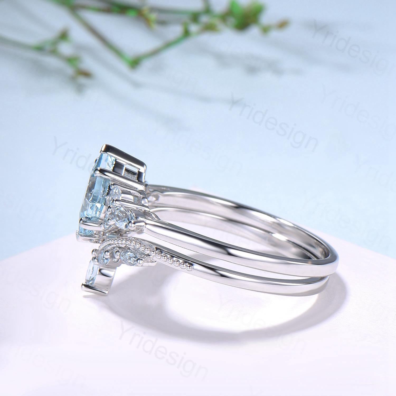 Art Deco Princess Cut Natural Aquamarine Engagement Ring Set Silver Rose Gold Unique 2CT March Birthstone Bridal Wedding Ring Set For Women - PENFINE