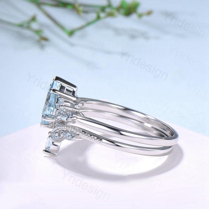 Art Deco Princess Cut Natural Aquamarine Engagement Ring Set Silver Rose Gold Unique 2CT March Birthstone Bridal Wedding Ring Set For Women - PENFINE
