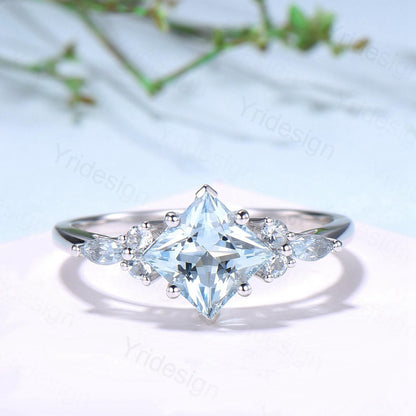 Art Deco Princess Cut Natural Aquamarine Engagement Ring Set Silver Rose Gold Unique 2CT March Birthstone Bridal Wedding Ring Set For Women - PENFINE