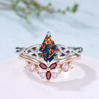 Norse Viking Kite Cut Black Opal Engagement Ring Set Unique Celtic Love Knot Fire Opal Ruby Butterfly Wedding Band Vintage Twist Bridal Set - PENFINE