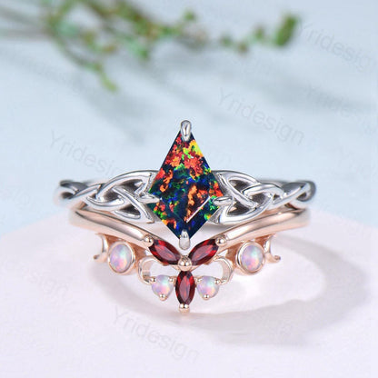 Norse Viking Kite Cut Black Opal Engagement Ring Set Unique Celtic Love Knot Fire Opal Ruby Butterfly Wedding Band Vintage Twist Bridal Set - PENFINE