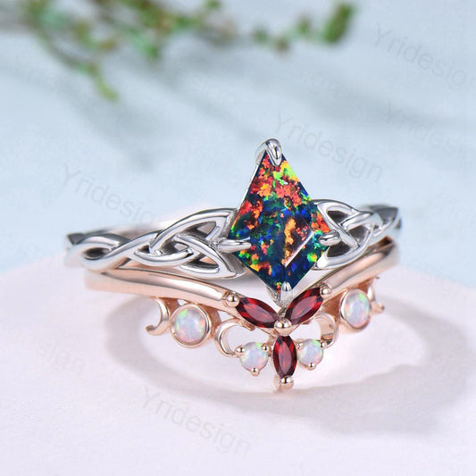 Norse Viking Kite Cut Black Opal Engagement Ring Set Unique Celtic Love Knot Fire Opal Ruby Butterfly Wedding Band Vintage Twist Bridal Set - PENFINE