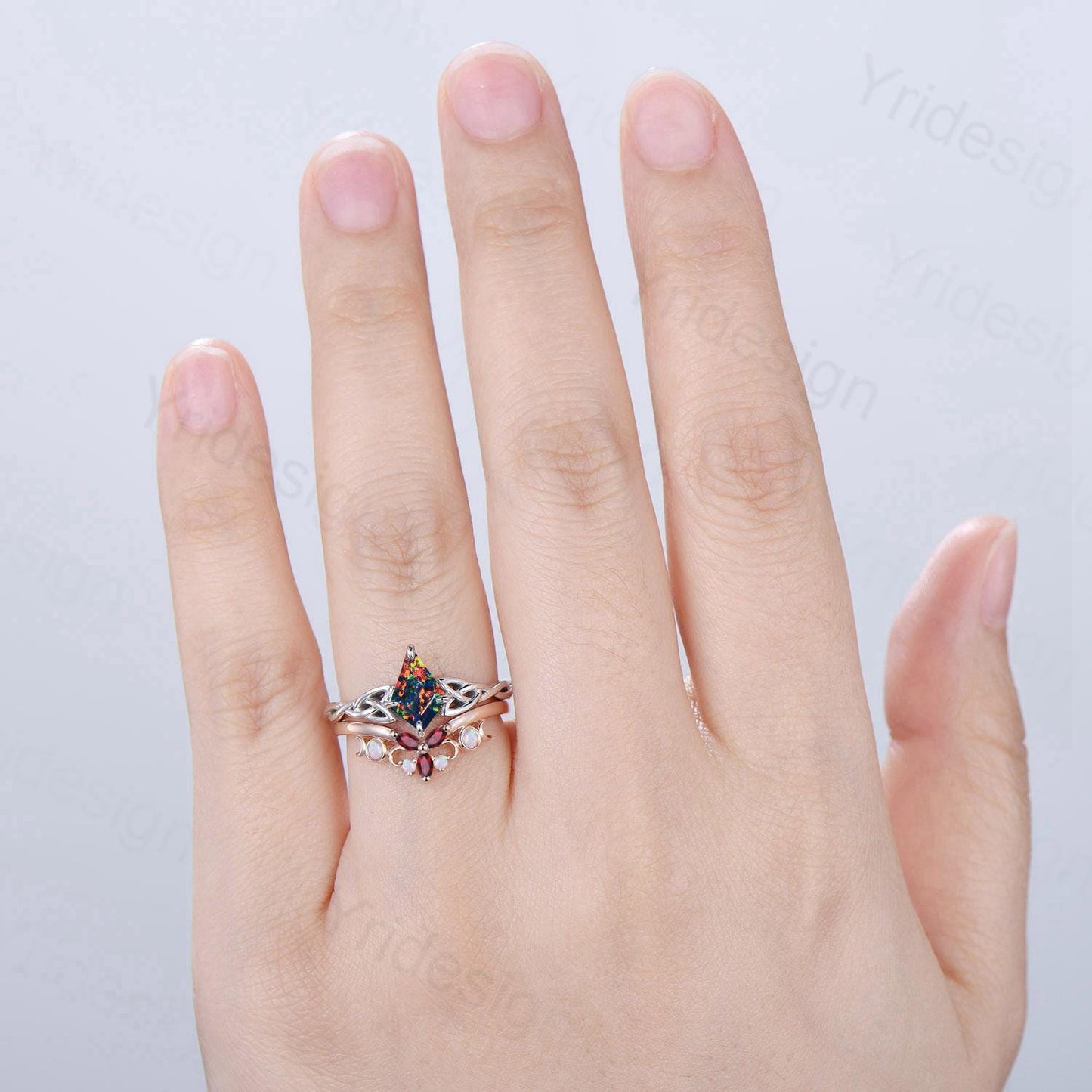 Norse Viking Kite Cut Black Opal Engagement Ring Set Unique Celtic Love Knot Fire Opal Ruby Butterfly Wedding Band Vintage Twist Bridal Set - PENFINE