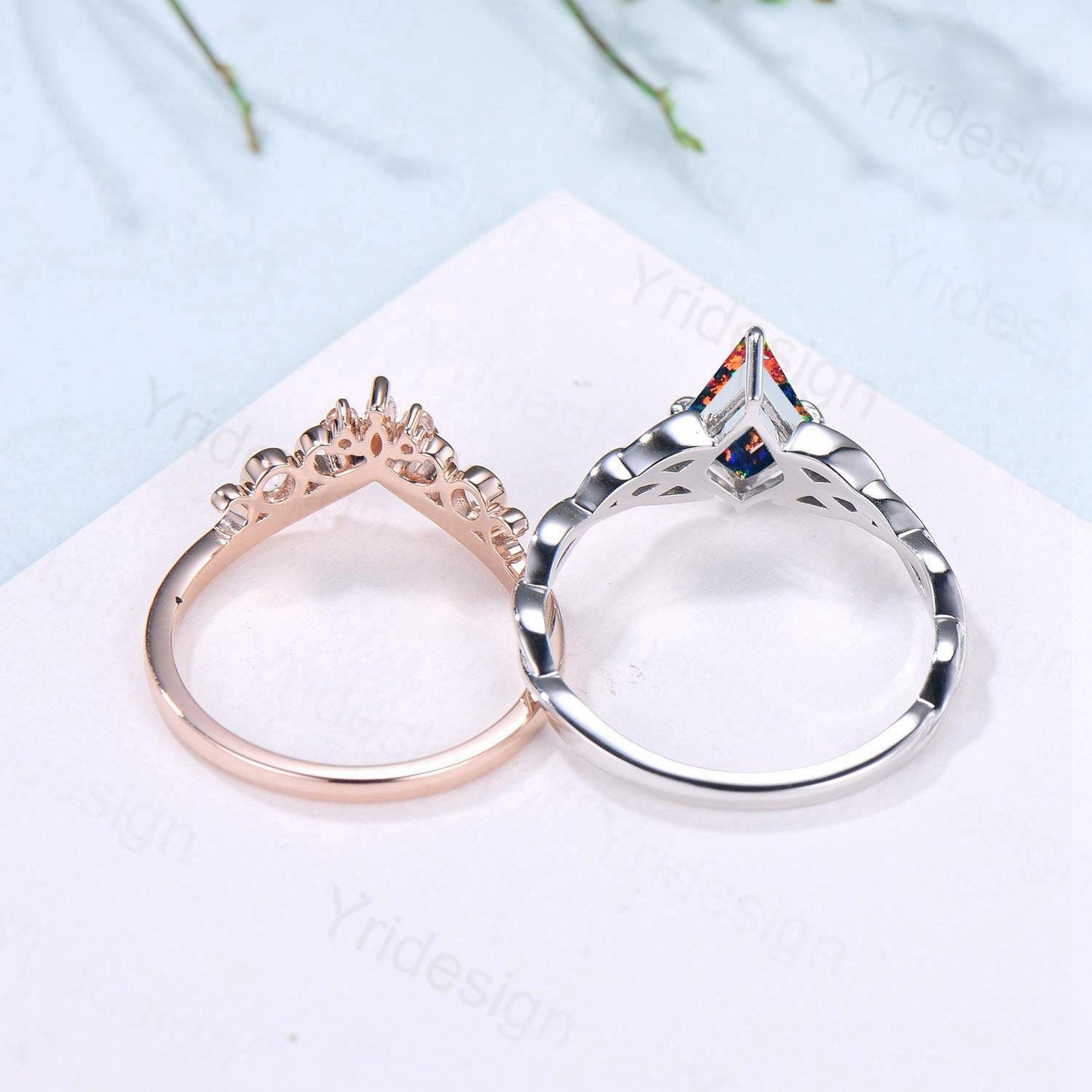 Norse Viking Kite Cut Black Opal Engagement Ring Set Unique Celtic Love Knot Fire Opal Ruby Butterfly Wedding Band Vintage Twist Bridal Set - PENFINE
